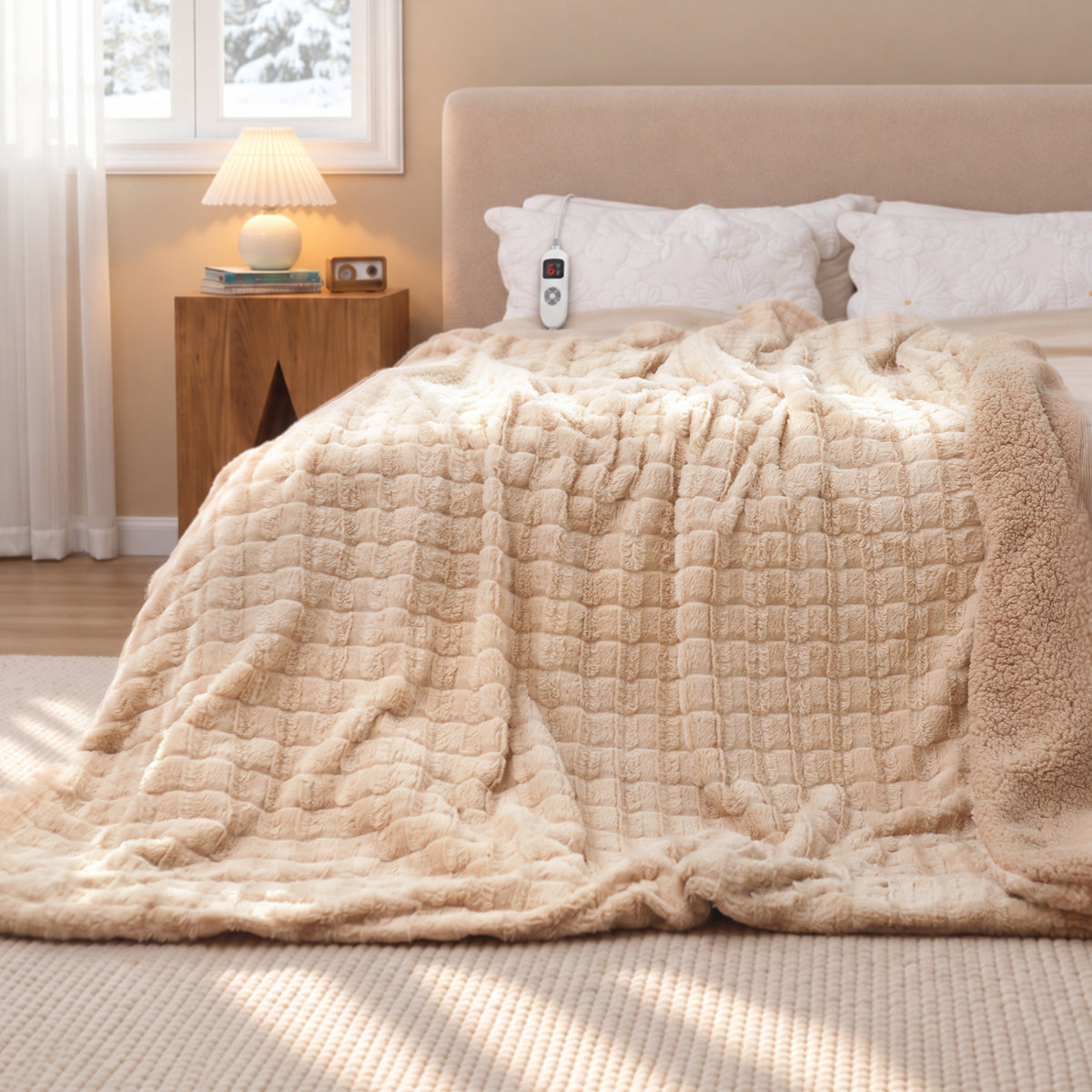 CalFancy Heated Blanket Full Size 72" x 84", Electric Blanket with 6 Heat Levels, 1-10 Hour Auto-Off Timer, Jacquard PV Fleece & Sherpa, Machine Washable, Beige