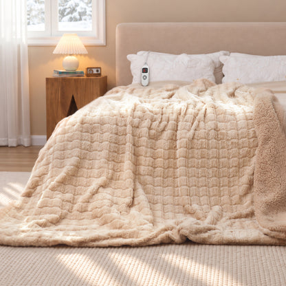 CalFancy Heated Blanket Full Size 72" x 84", Electric Blanket with 6 Heat Levels, 1-10 Hour Auto-Off Timer, Jacquard PV Fleece & Sherpa, Machine Washable, Beige