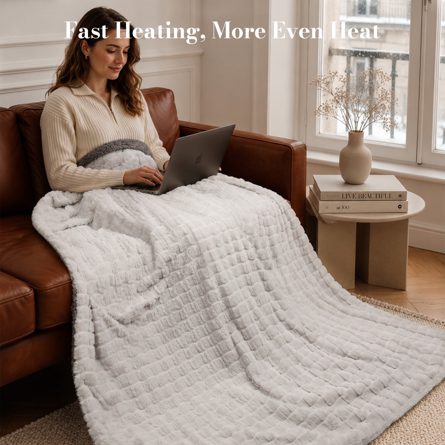 CalFancy Heated Throw Blanket 50" x 72", XL Faux Fur Electric Blanket with 6 Heat Settings 4H Timer ETL&FCC Certified Machine Washable for Couch Bed, Gray