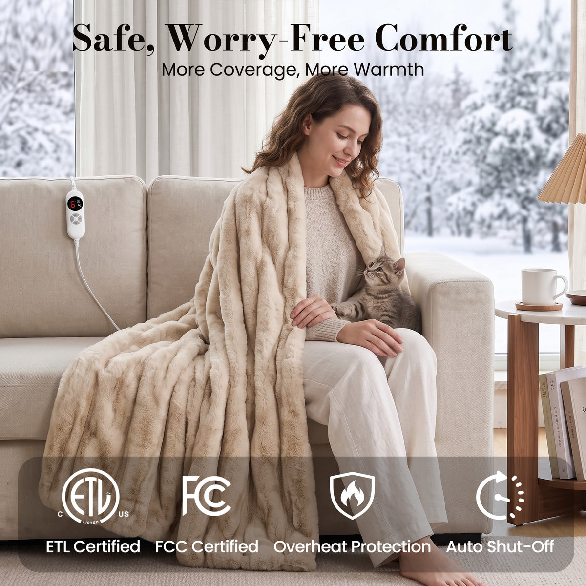 CalFancy Heated Blanket 50" x 60", Faux Fur Electric Blanket with 6 Heat Levels, 1-4 Hour Auto-Off Timer, Wave-Textured Faux Fur & Flannel, Machine Washable, Beige
