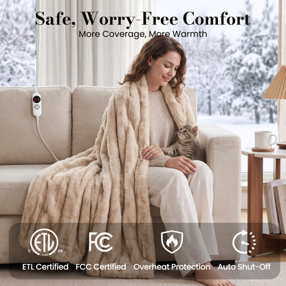 CalFancy Heated Blanket 50" x 60", Faux Fur Electric Blanket with 6 Heat Levels, 1-4 Hour Auto-Off Timer, Wave-Textured Faux Fur & Flannel, Machine Washable, Beige