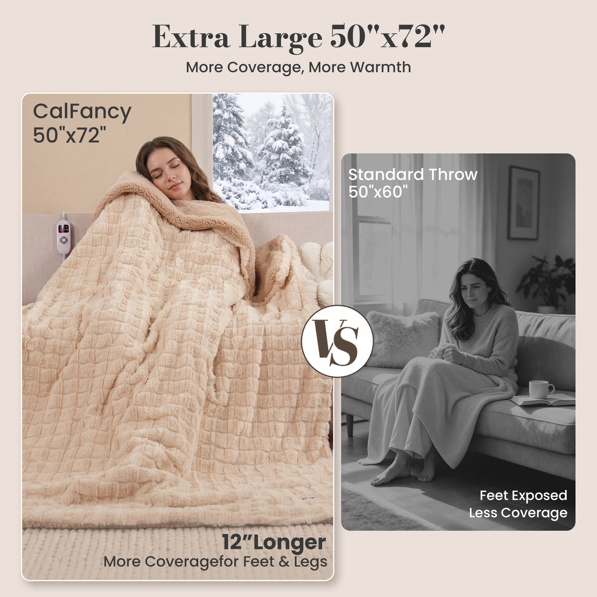 CalFancy Heated Blanket 50" x 72", XL Electric Throw Blanket with 6 Heat Levels, 1-4 Hour Auto-Off Timer, Soft Jacquard PV Fleece & Sherpa, Machine Washable, Beige