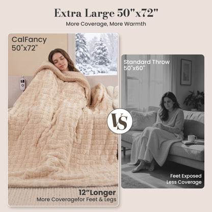CalFancy Heated Blanket 50" x 72", XL Electric Throw Blanket with 6 Heat Levels, 1-4 Hour Auto-Off Timer, Soft Jacquard PV Fleece & Sherpa, Machine Washable, Beige