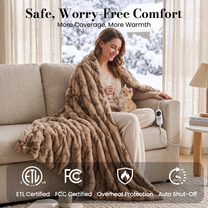 CalFancy Heated Blanket 50" x 60", Faux Fur Electric Blanket with 6 Heat Levels, 1-4 Hour Auto-Off Timer, Wave-Textured Faux Fur & Flannel, Machine Washable, Brown