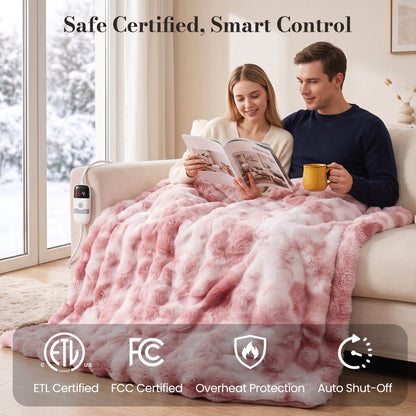 CalFancy Heated Blanket 50" x 60", Luxury Faux Fur Electric Blanket with Bubble Texture, 6 Heat Settings, 4H Timer, Machine Washable, Tie Dye Pink