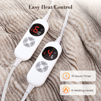 CalFancy Heated Blanket Queen Size 84" x 90", Soft Faux Fur Electric Blanket with Dual Controller, Fast Heating, 6 Heat Settings, 1-10 Hour Timer, ETL & FCC Certified, OEKO-TEX Fabric, Brown
