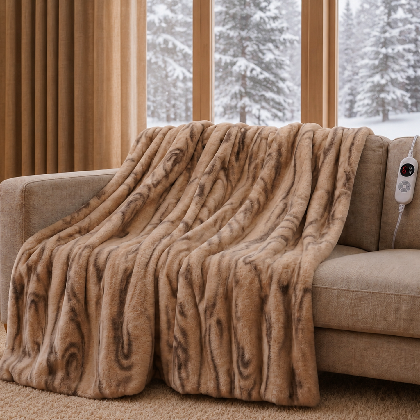 CalFancy Heated Blanket 50" x 60", Faux Fur Electric Blanket with 6 Heat Levels, 1-4 Hour Timer, OEKO-TEX Fabric, Machine Washable Cozy Blanket, Brown