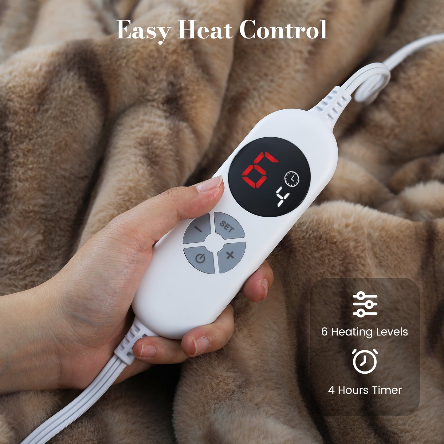 CalFancy Heated Blanket 50" x 60", Faux Fur Electric Blanket with 6 Heat Levels, 1-4 Hour Timer, OEKO-TEX Fabric, Machine Washable Cozy Blanket, Brown