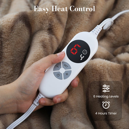 CalFancy Heated Blanket 50" x 60", Faux Fur Electric Blanket with 6 Heat Levels, 1-4 Hour Timer, OEKO-TEX Fabric, Machine Washable Cozy Blanket, Brown