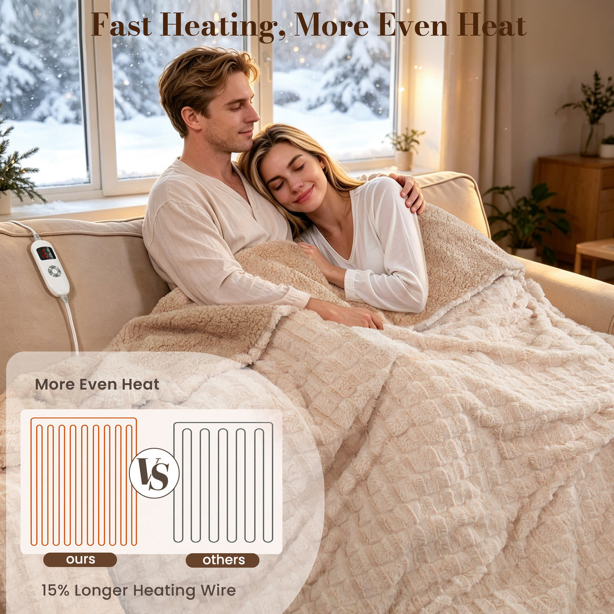 CalFancy Heated Blanket Full Size 72" x 84", Electric Blanket with 6 Heat Levels, 1-10 Hour Auto-Off Timer, Jacquard PV Fleece & Sherpa, Machine Washable, Beige