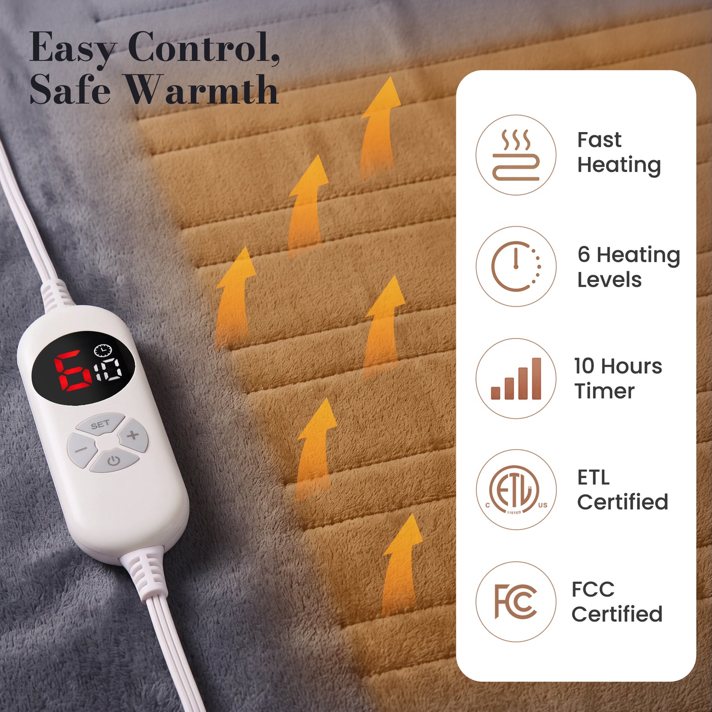 CalFancy Heated Blanket 72" x 84" with 6 Heat Settings, 10H Timer, Flannel and Shu Velveteen Full Size Electric Blanket, Fast Heating, ETL Certified, Machine Washable, Gray