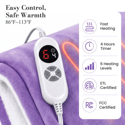 Calfancy Heated Blanket 50"×72", Oversized Electric Blanket with 6 Heat Levels, 4H Timer, ETL & FCC Certified, Fast Heating, OEKO-TEX Fabric, Purple