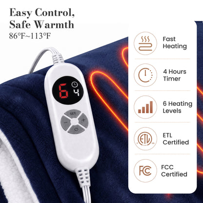 Calfancy Heated Blanket 50"×72", XL Electric Blanket with 6 Heat Levels, 4H Timer, ETL & FCC Certified, Fast Heating, OEKO-TEX Fabric, Navy Blue