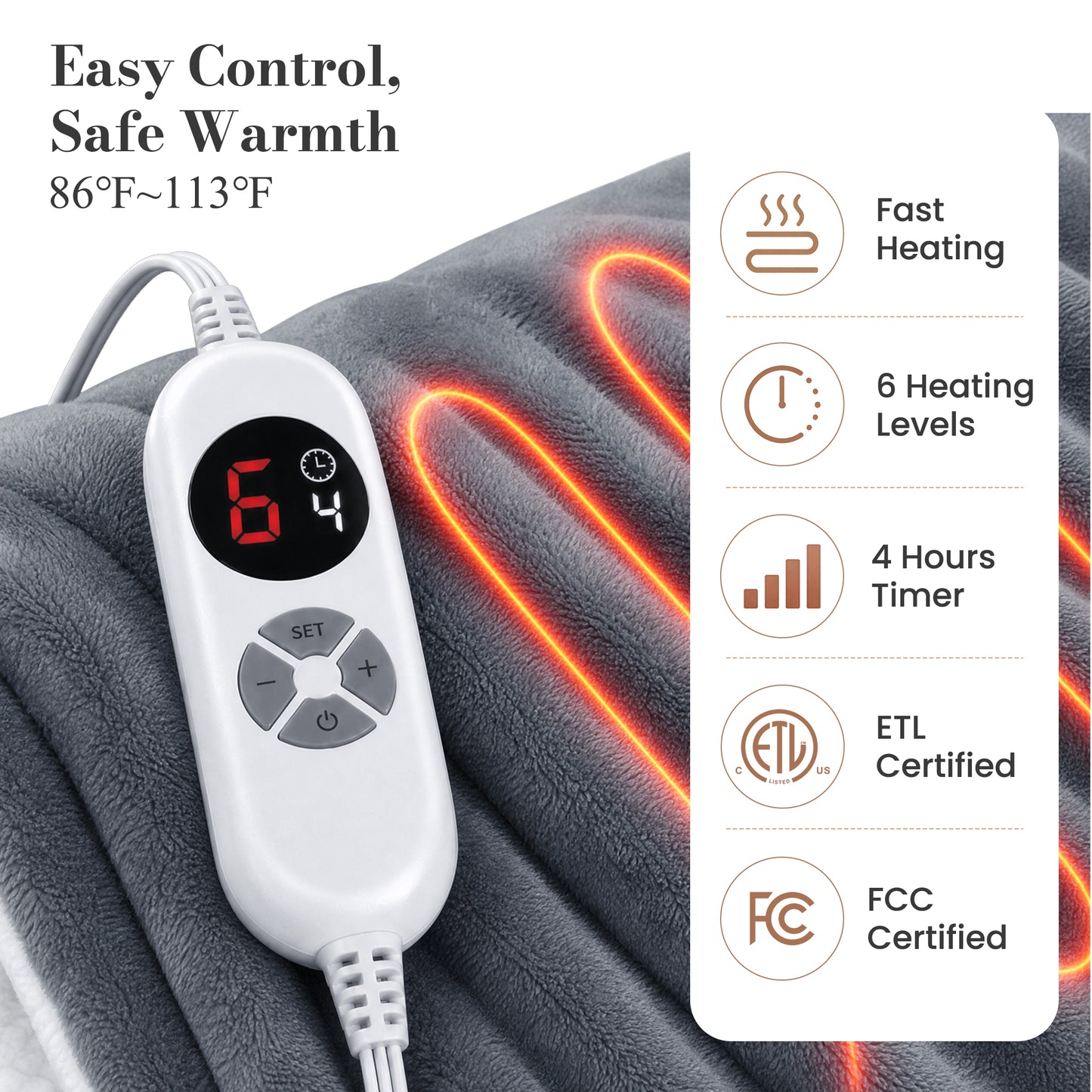 Calfancy Heated Blanket 50"×72", Oversized Electric Blanket with 6 Heat Levels, 4H Timer, ETL & FCC Certified, Fast Heating, OEKO-TEX Fabric, Gray