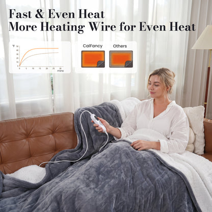 CalFancy Heated Blanket 72" x 84" with 6 Heat Settings, 10H Timer, Flannel and Shu Velveteen Full Size Electric Blanket, Fast Heating, ETL Certified, Machine Washable, Gray