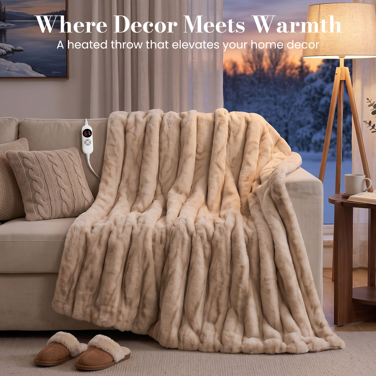CalFancy Heated Blanket 50" x 60", Faux Fur Electric Blanket with 6 Heat Levels, 1-4 Hour Auto-Off Timer, Wave-Textured Faux Fur & Flannel, Machine Washable, Beige