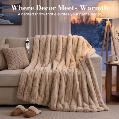 CalFancy Heated Blanket 50" x 60", Faux Fur Electric Blanket with 6 Heat Levels, 1-4 Hour Auto-Off Timer, Wave-Textured Faux Fur & Flannel, Machine Washable, Beige