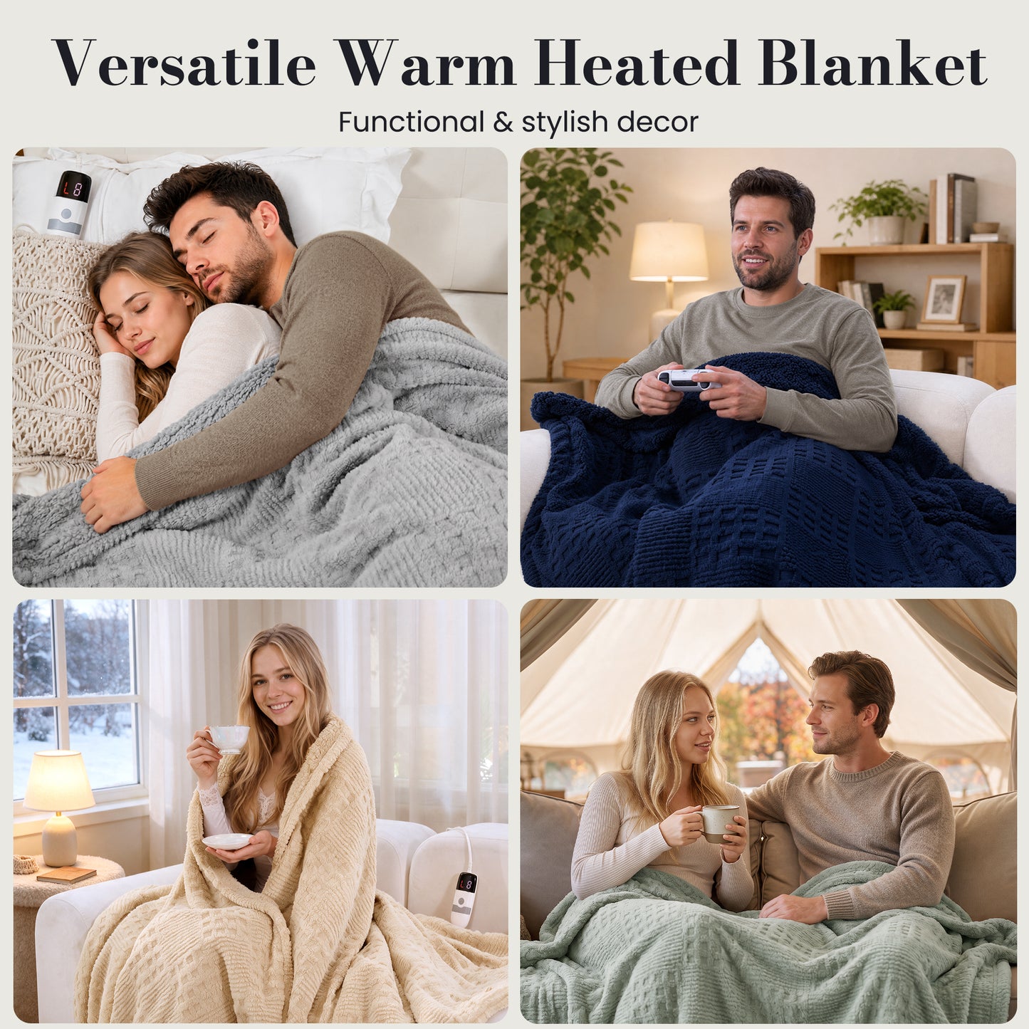CalFancy Heated Blanket 50"x72", Oversized Electric Blanket with Ultra Soft Taffeta & Sherpa, Waffle Texture Design, 6 Heat Levels, 4H Timer, ETL&FCC Certified, OEKO-TEX Fabric, Light Brown