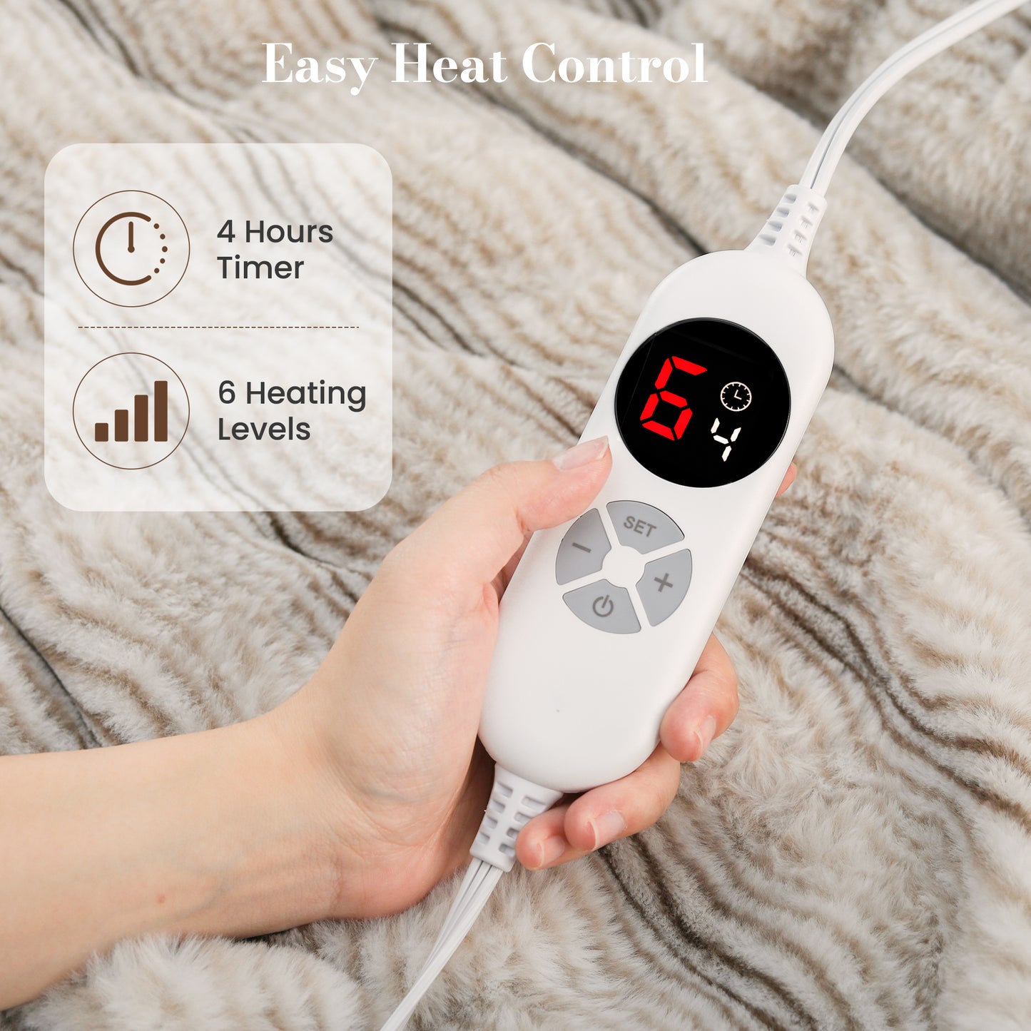CalFancy Heated Blanket 50"x60", Luxury Faux Fur Electric Blanket with 6 Heat Levels, 1-4H Timer, ETL&FCC Certified, OEKO-TEX Fabric,Fast Heating, Machine Washable, Brown
