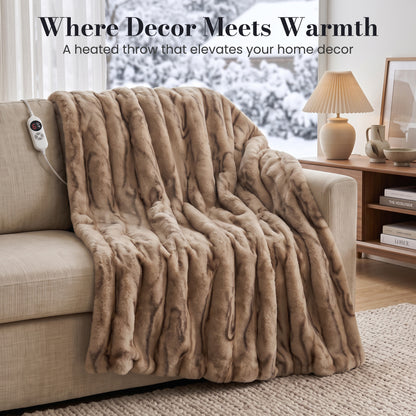 CalFancy Heated Blanket 50" x 60", Faux Fur Electric Blanket with 6 Heat Levels, 1-4 Hour Auto-Off Timer, Wave-Textured Faux Fur & Flannel, Machine Washable, Brown