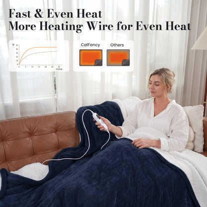 CalFancy Heated Blanket 72" x 84" with 6 Heat Settings, 10H Timer, Flannel and Shu Velveteen Full Size Electric Blanket, Fast Heating, ETL Certified, Machine Washable, Navy Blue