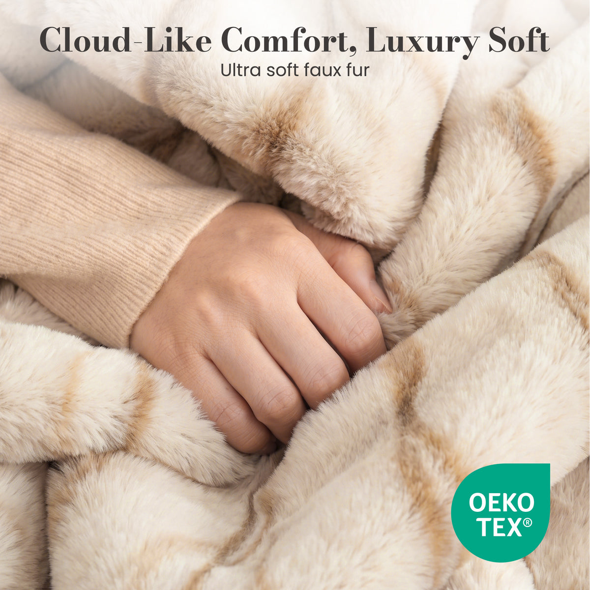CalFancy Heated Blanket 50" x 60", Faux Fur Electric Blanket with 6 Heat Levels, 1-4 Hour Auto-Off Timer, Wave-Textured Faux Fur & Flannel, Machine Washable, Beige