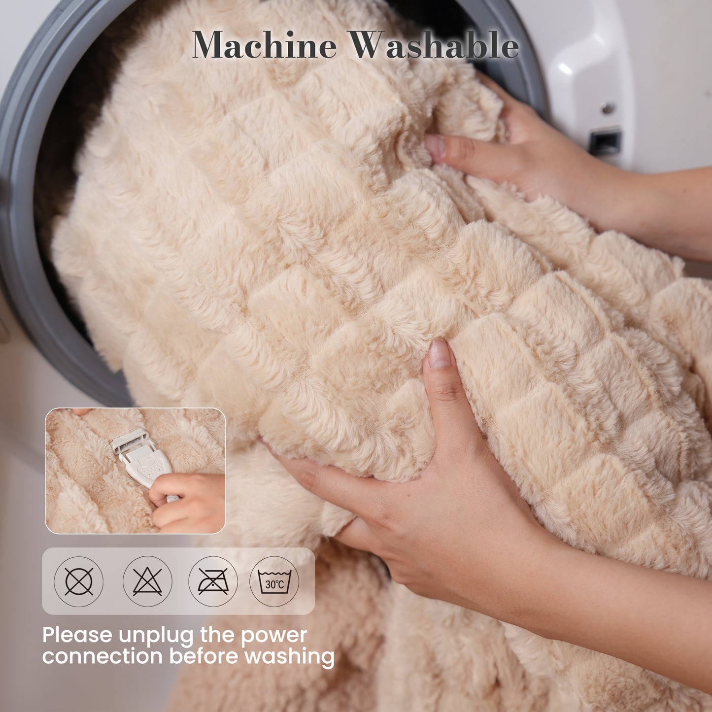 CalFancy Heated Throw Blanket 50" x 72", XL Faux Fur Electric Blanket with 6 Heat Settings 4H Timer ETL&FCC Certified Machine Washable for Couch Bed, Beige