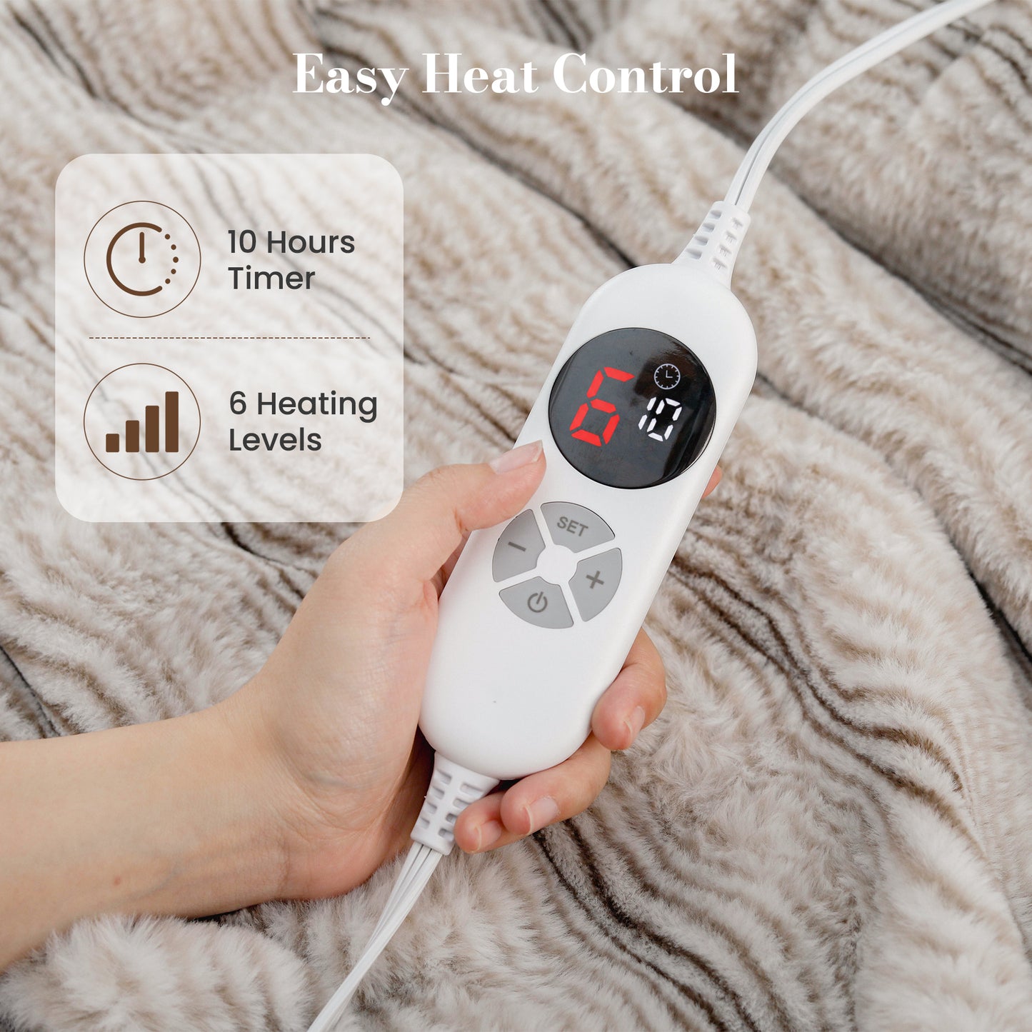 CalFancy Heated Blanket Full Size 72" x 84", Soft Faux Fur Electric Blanket with Fast Heating, 6 Heat Settings, 1-10 Hour Timer, ETL & FCC Certified, OEKO-TEX Fabric, Brown
