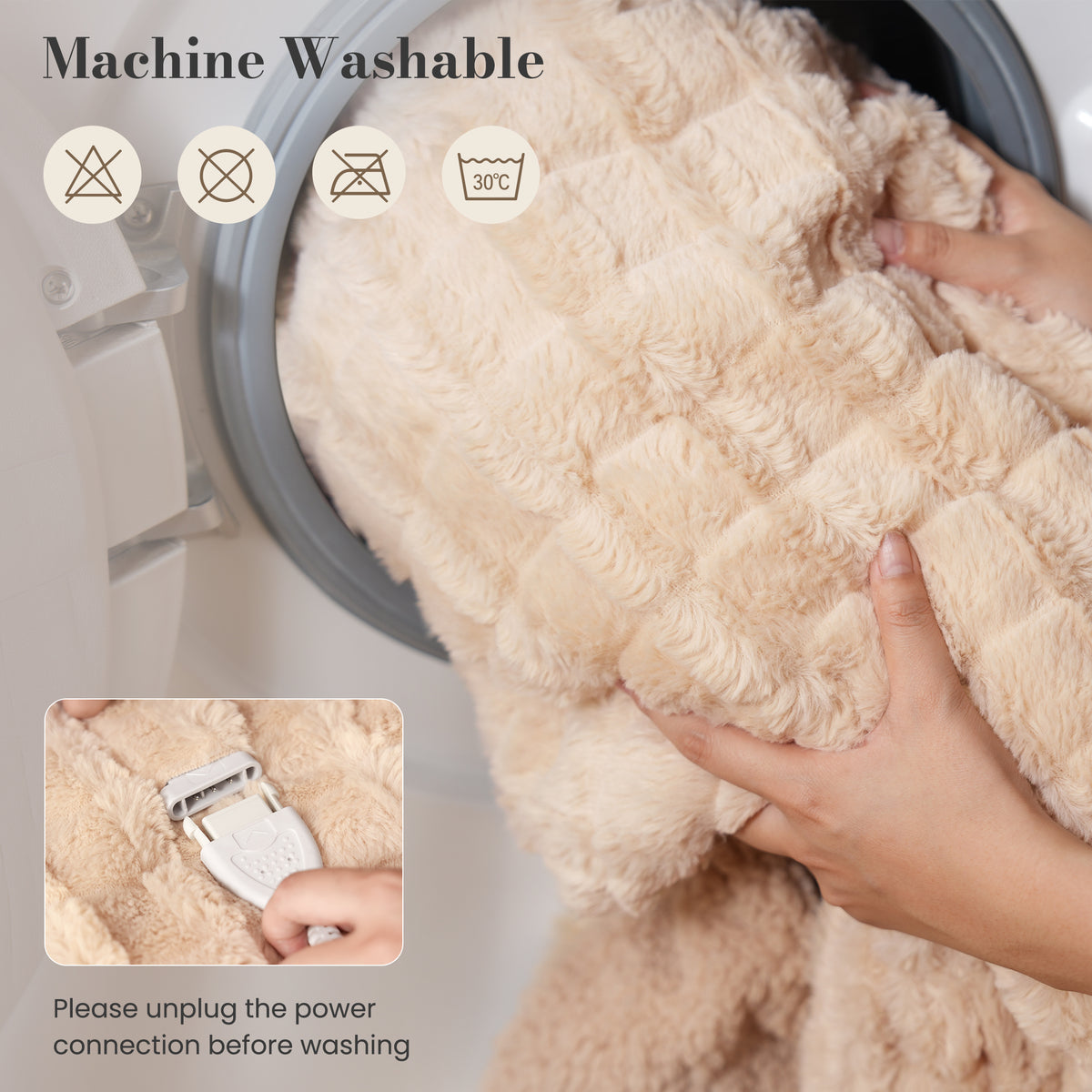 CalFancy Heated Blanket 50" x 72", XL Electric Throw Blanket with 6 Heat Levels, 1-4 Hour Auto-Off Timer, Soft Jacquard PV Fleece & Sherpa, Machine Washable, Beige