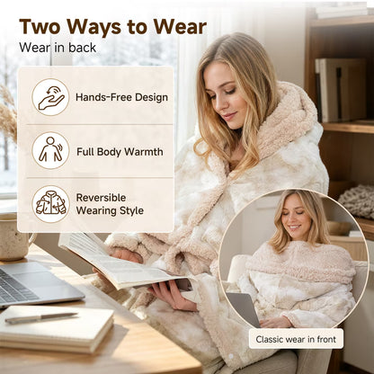 CalFancy Wearable Heated Blanket with Sleeves, Hood and Foot Pockets, 50" x 70" Faux Fur Sherpa Electric Blanket, 10 Heat Levels, 8H Timer, Fast Heating, Machine Washable, Tie-Dye Beige