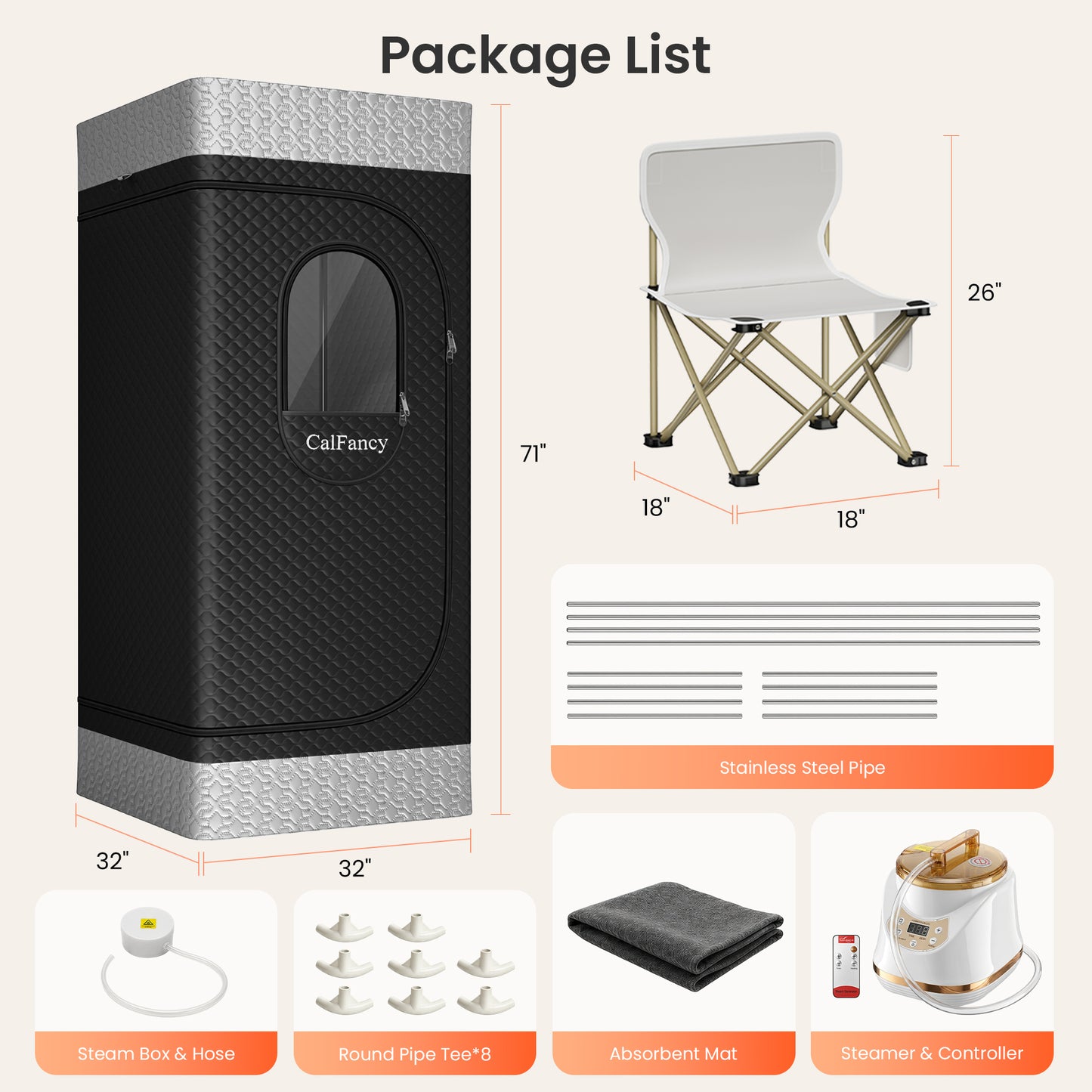 CalFancy Portable Sauna Box, 1500W Steam Sauna Box for Home Spa with 3L Steamer, 9 Steam Levels, 99 Min Timer, 17.7" Wide Folding Chair, Easy Assembly, 70.9"x31.5"x31.5", Black