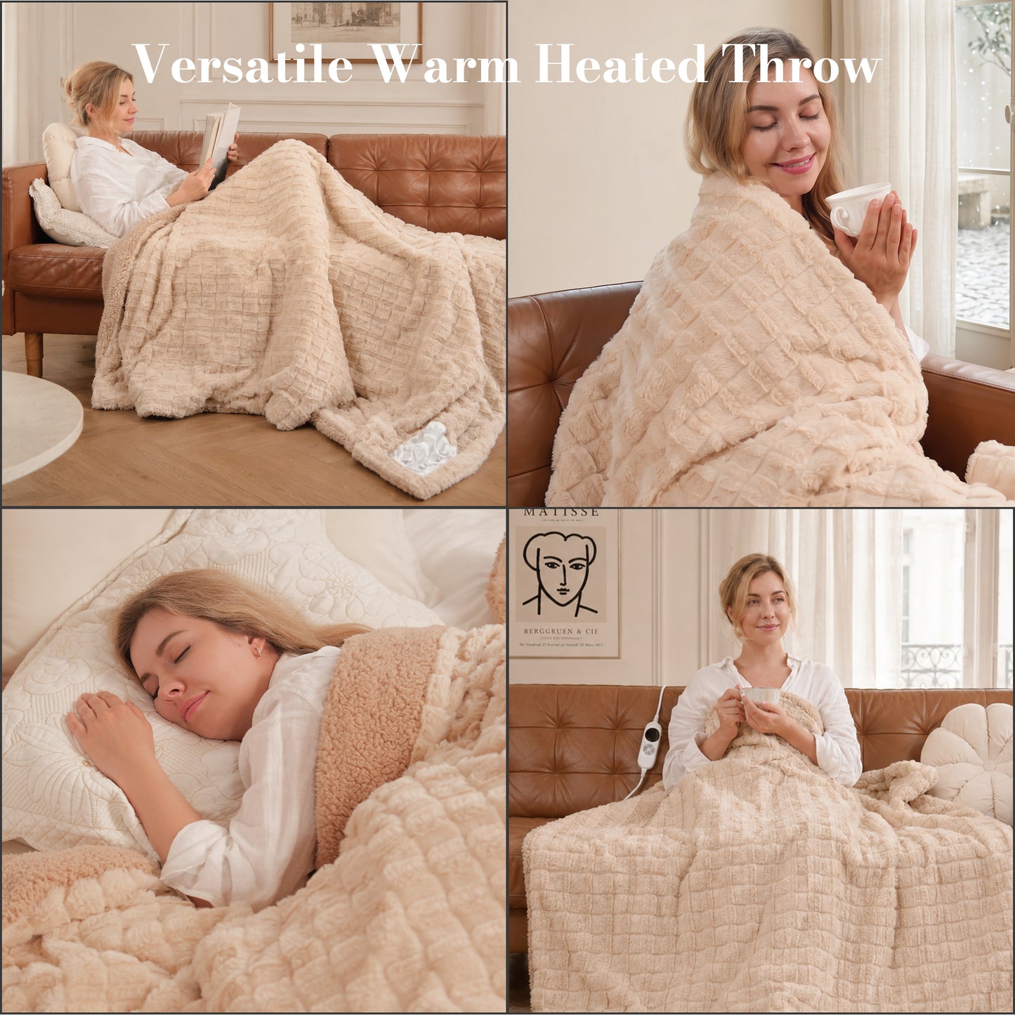 CalFancy Heated Throw Blanket 50" x 72", XL Faux Fur Electric Blanket with 6 Heat Settings 4H Timer ETL&FCC Certified Machine Washable for Couch Bed, Beige