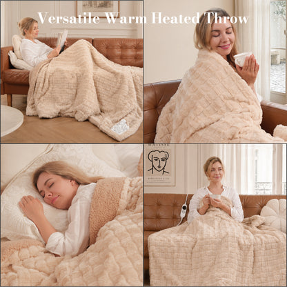 CalFancy Heated Throw Blanket 50" x 72", XL Faux Fur Electric Blanket with 6 Heat Settings 4H Timer ETL&FCC Certified Machine Washable for Couch Bed, Beige