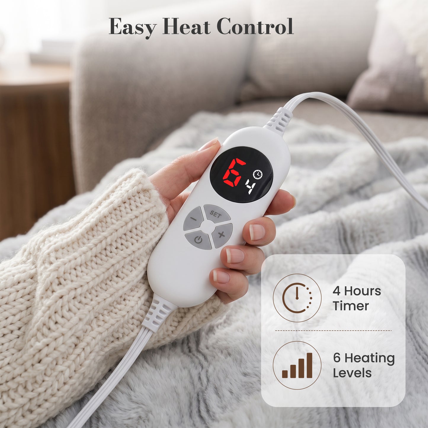 CalFancy Heated Blanket 50"x60", Luxury Faux Fur Electric Blanket with 6 Heat Levels, 1-4H Timer, ETL&FCC Certified, OEKO-TEX Fabric,Fast Heating, Machine Washable, Gray