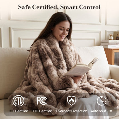 CalFancy Heated Blanket 50" x 60", Luxury Faux Fur Electric Blanket with Bubble Texture, 6 Heat Settings, 4H Timer, Machine Washable, Tie Dye Brown