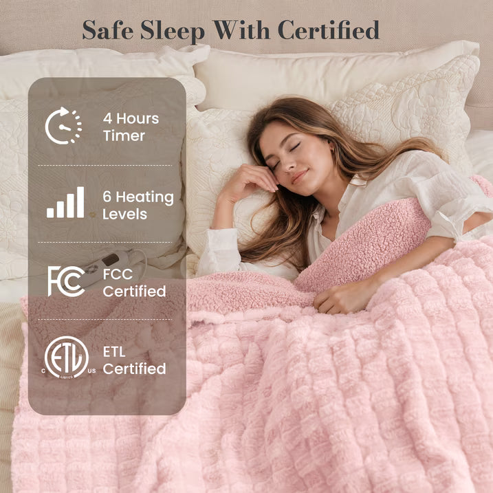 CalFancy Heated Blanket 50"x72", Oversized Faux Fur Electric Blanket with 6 Heat Settings 4H Timer ETL&FCC Certified, OEKO-TEX Fabric, Machine Washable, Pink