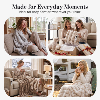 CalFancy Heated Blanket 50" x 60", Faux Fur Electric Blanket with 6 Heat Levels, 1-4 Hour Auto-Off Timer, Wave-Textured Faux Fur & Flannel, Machine Washable, Beige