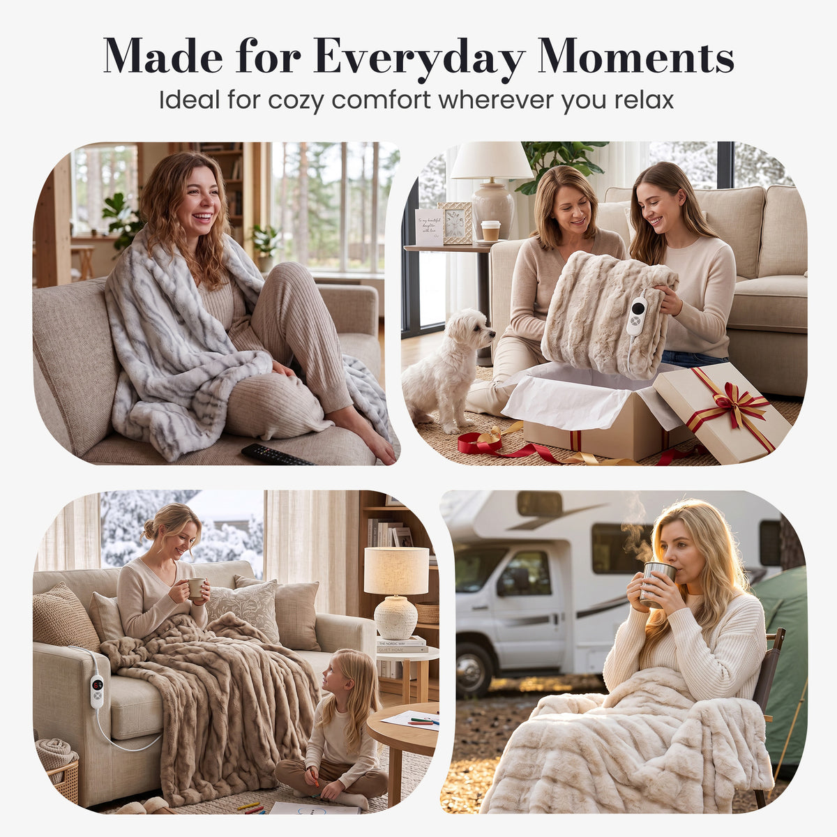 CalFancy Heated Blanket 50" x 60", Faux Fur Electric Blanket with 6 Heat Levels, 1-4 Hour Auto-Off Timer, Wave-Textured Faux Fur & Flannel, Machine Washable, Brown