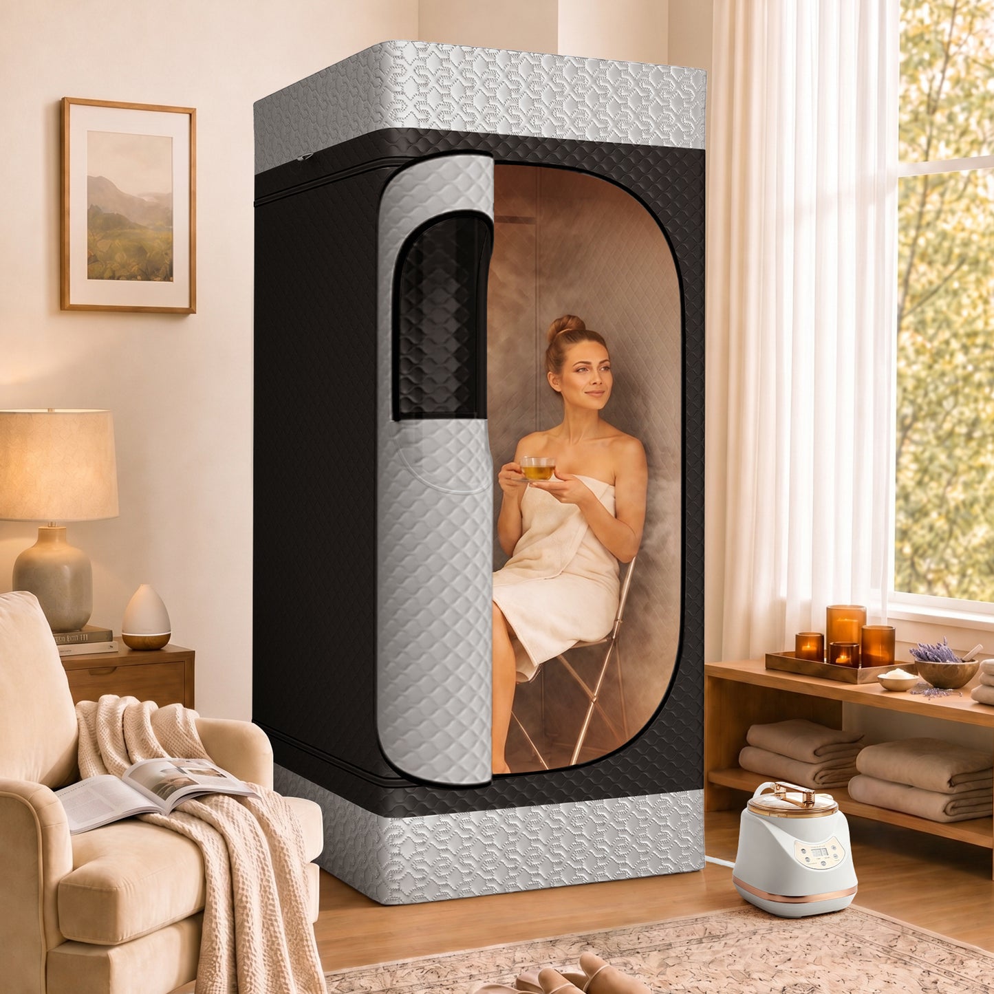 CalFancy Portable Sauna Box, 1500W Steam Sauna Box for Home Spa with 3L Steamer, 9 Steam Levels, 99 Min Timer, 17.7" Wide Folding Chair, Easy Assembly, 70.9"x31.5"x31.5", Black