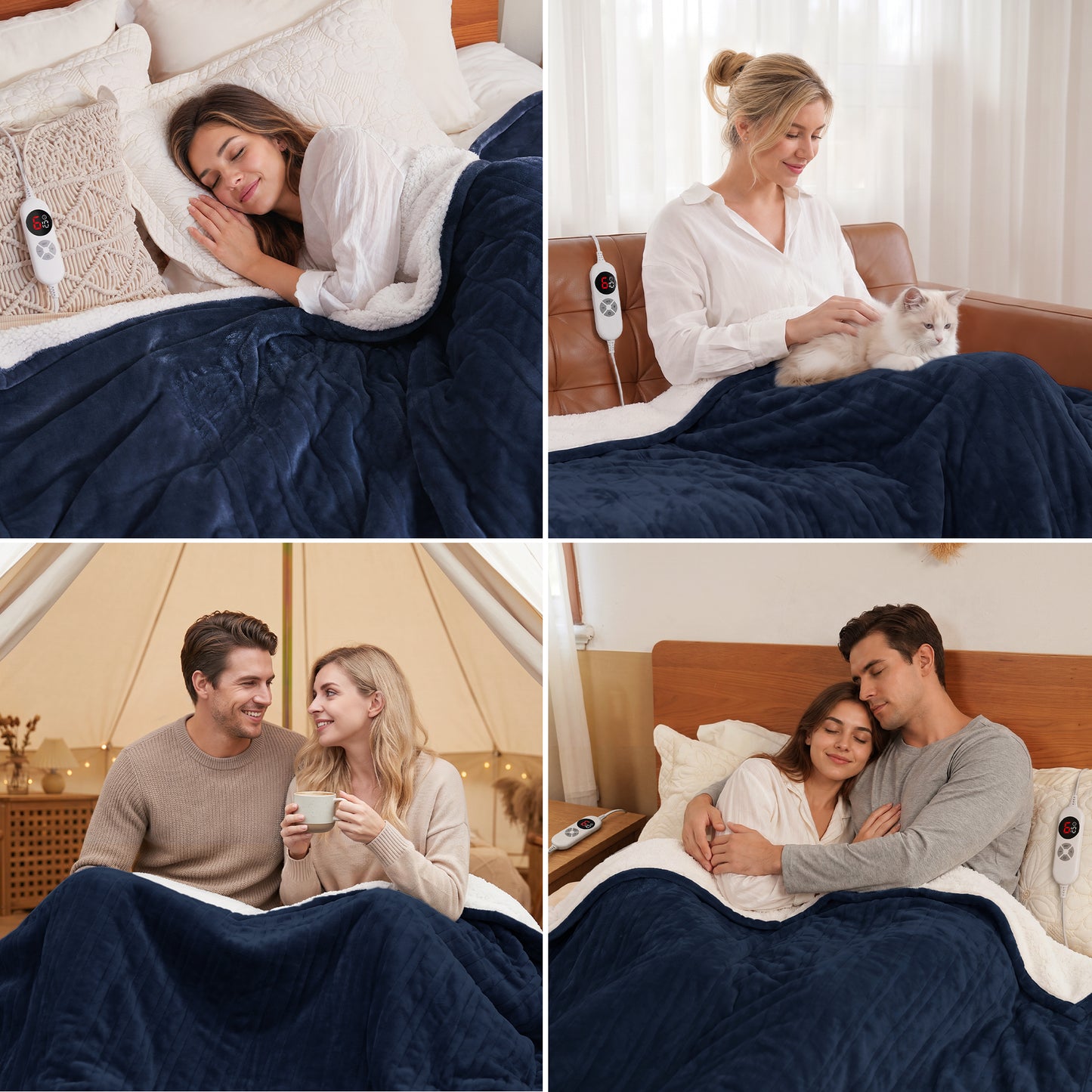 CalFancy Heated Blanket 72" x 84" with 6 Heat Settings, 10H Timer, Flannel and Shu Velveteen Full Size Electric Blanket, Fast Heating, ETL Certified, Machine Washable, Navy Blue