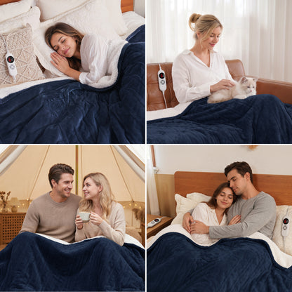 CalFancy Heated Blanket 72" x 84" with 6 Heat Settings, 10H Timer, Flannel and Shu Velveteen Full Size Electric Blanket, Fast Heating, ETL Certified, Machine Washable, Navy Blue