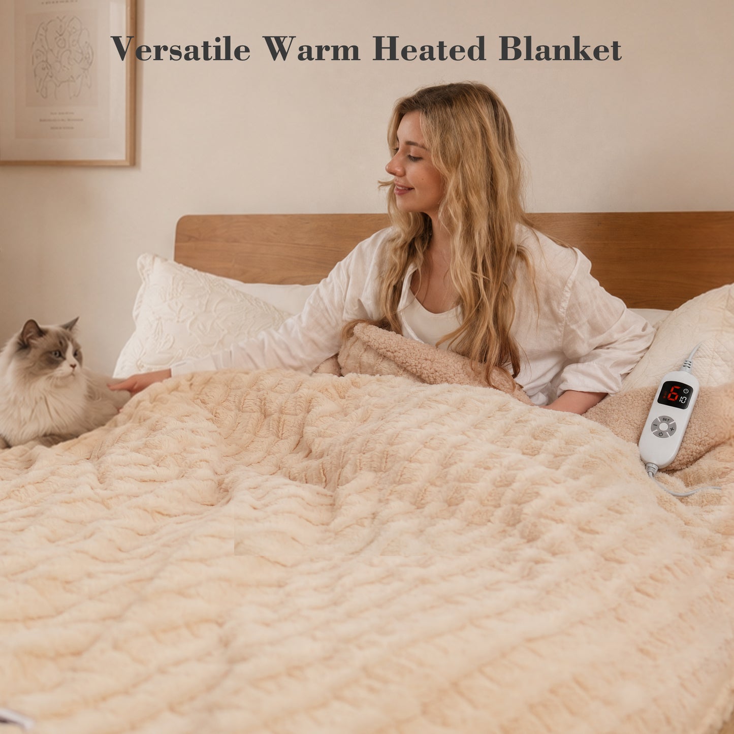 CalFancy Heated Blanket 72" x 84", Soft Faux Fur Full Size Electric Blanket with 6 Heat Settings, 10H Timer, ETL Certified, Machine Washable, Beige