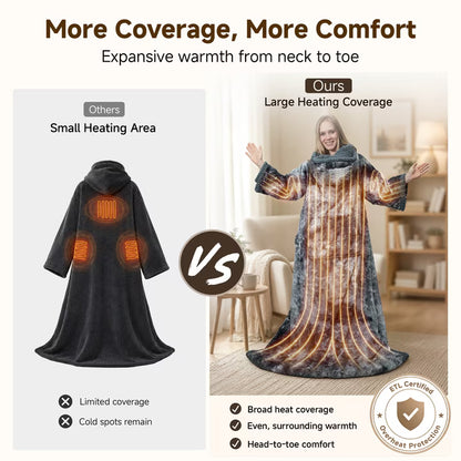 CalFancy Wearable Heated Blanket with Sleeves, Hood and Foot Pockets, 50" x 70" Faux Fur Sherpa Electric Blanket, 10 Heat Levels, 8H Timer, Fast Heating, Machine Washable, Tie-Dye Gray