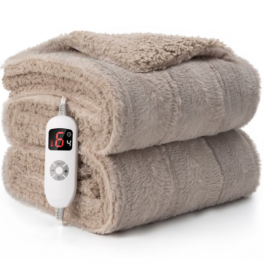 CalFancy Heated Blanket 50" x 60", Luxury Faux Fur Electric Blanket with 6 Heat Settings, 4H Timer, OEKO-TEX Fabric, Fast Heating & Machine Washable, Linen