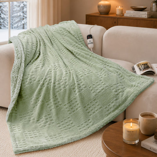 CalFancy Heated Blanket 50"x72", Oversized Electric Blanket with Ultra Soft Taffeta & Sherpa, Waffle Texture Design, 6 Heat Levels, 4H Timer, ETL&FCC Certified, OEKO-TEX Fabric, Sage Green