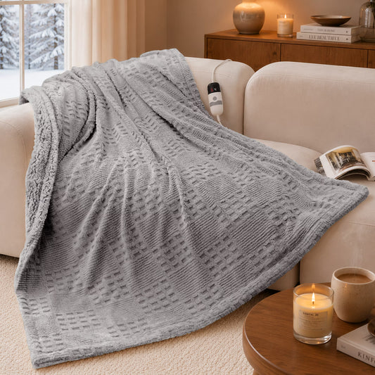 CalFancy Heated Blanket 50"x72", Oversized Electric Blanket with Ultra Soft Taffeta & Sherpa, Waffle Texture Design, 6 Heat Levels, 4H Timer, ETL&FCC Certified, OEKO-TEX Fabric, Gray
