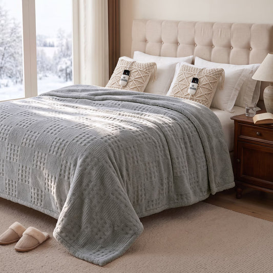 CalFancy Heated Blanket 84" x 90", Queen Size Electric Blanket with Dual Controllers, Ultra Soft Taffeta & Sherpa, Waffle Texture Design, 10 Heat Levels, 8H Timer, ETL&FCC Certified, Gray