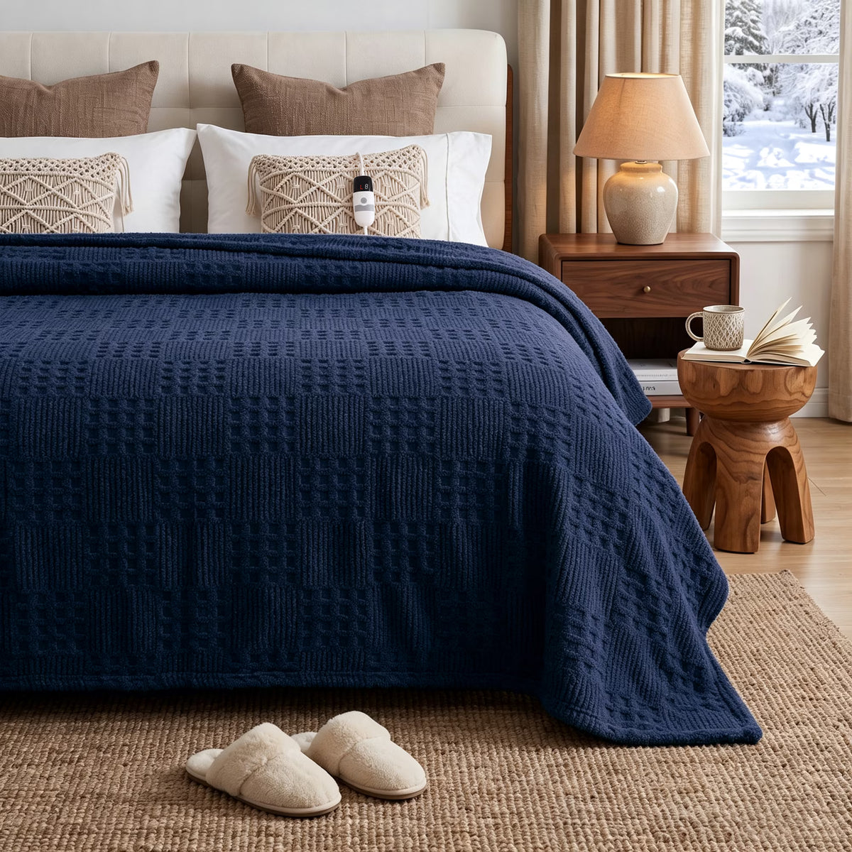 CalFancy Heated Blanket Full Size, 72" x 84" Electric Blanket with Ultra Soft Taffeta & Sherpa, Waffle Texture Design, 10 Heat Levels, 8H Timer, ETL&FCC Certified, Navy Blue