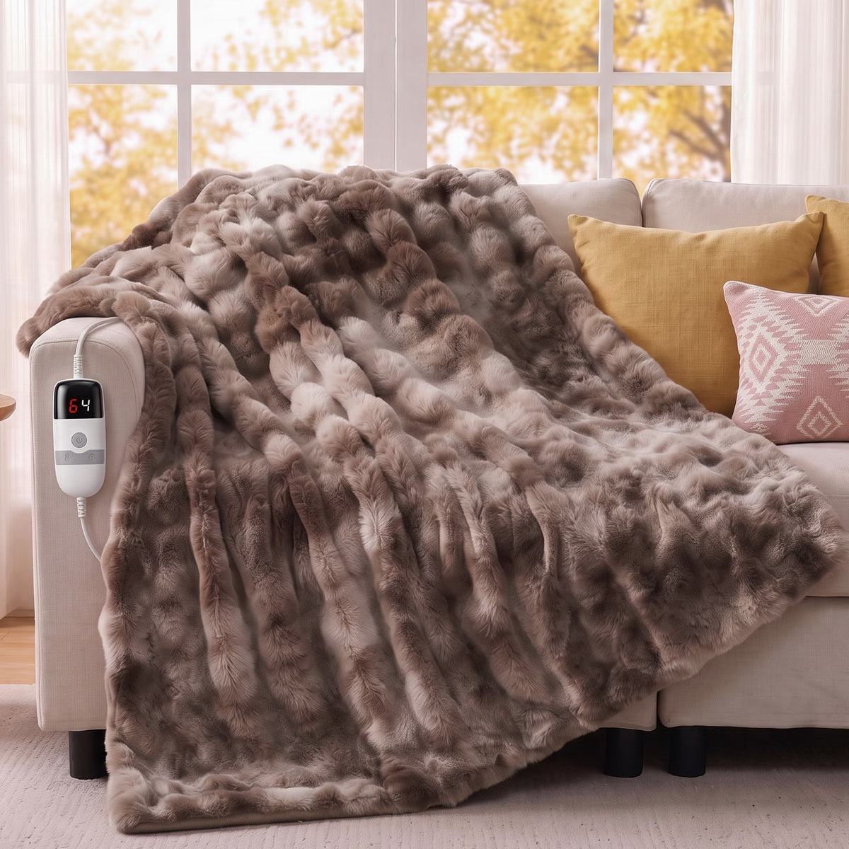 CalFancy Heated Blanket 50" x 60", Luxury Faux Fur Electric Blanket with Bubble Texture, 6 Heat Settings, 4H Timer, Machine Washable, Tie Dye Brown