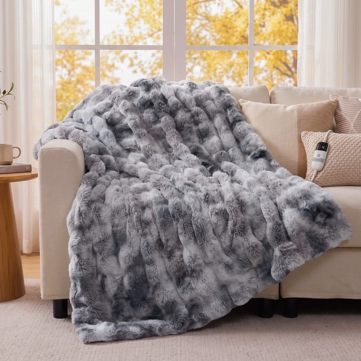 CalFancy Heated Blanket 50" x 60", Luxury Faux Fur Electric Blanket with Bubble Texture, 6 Heat Settings, 4H Timer, Machine Washable, Tie Dye Gray